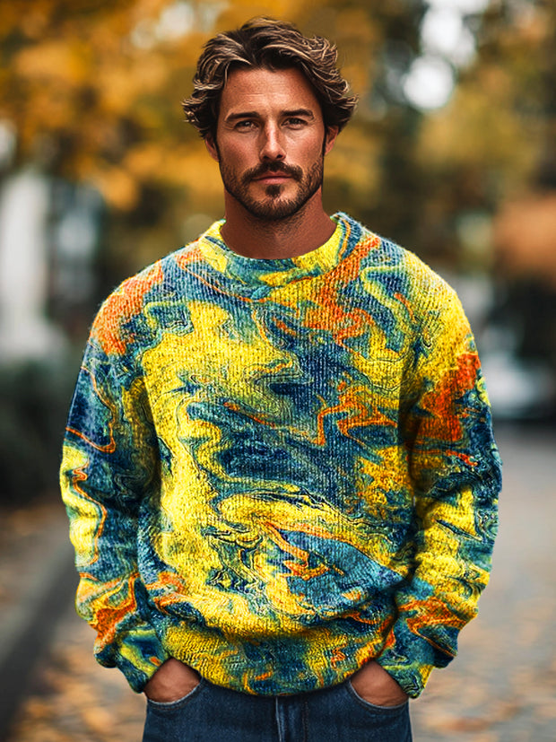 Gentleman Vintage Abstract Wave Art Print Knit Crew Neck Pullover Shirt