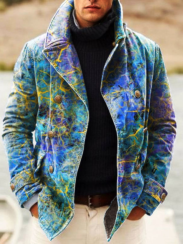 Gentleman Vintage Swoosh Art Print Lapel Double Breasted Jacket