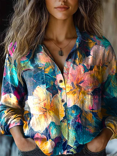 Women's Retro Cute Oil Painting Floral Art Printed Cotton Linen Lapel Long Sleeve Shirt