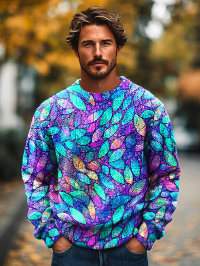 Gentleman Vintage Fluorescent Leaf Art Print Knit Crew Neck Pullover Shirt