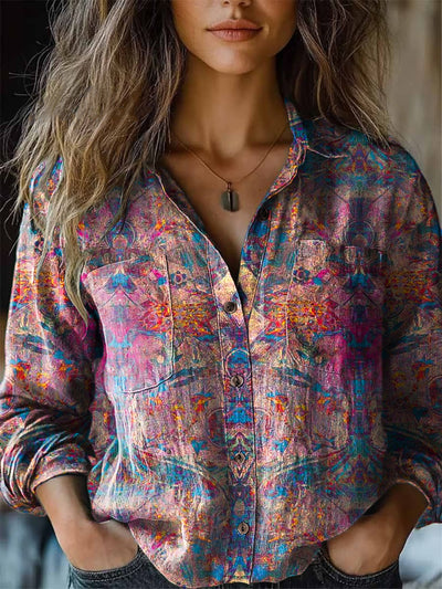 Women's Retro Ethnic Art Printed Cotton and Linen Lapel Long Sleeve Shirt