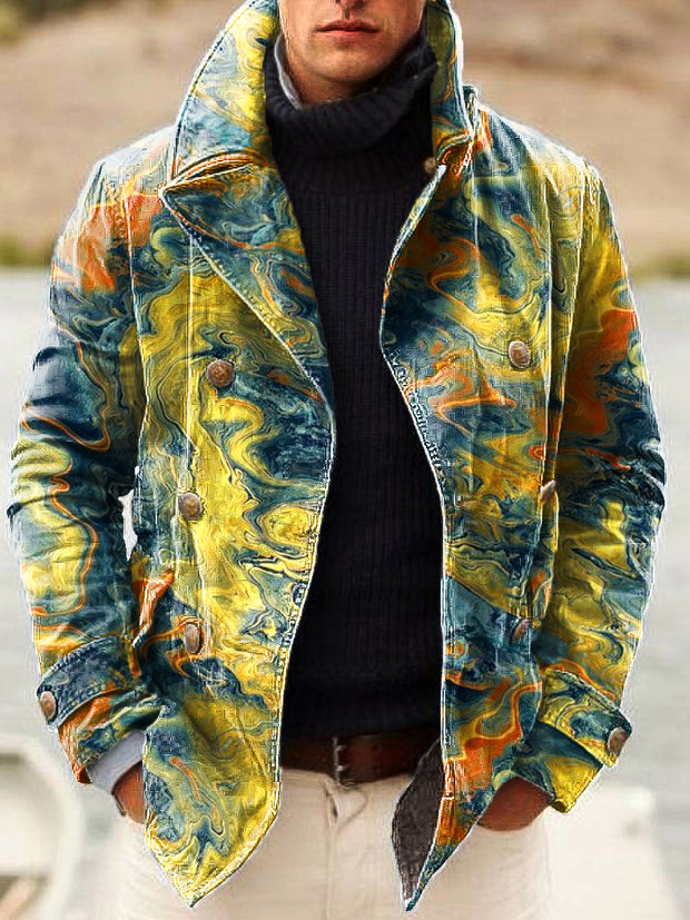 Gentleman Vintage Swoosh Ripple Art Print Lapel Double Breasted Jacket