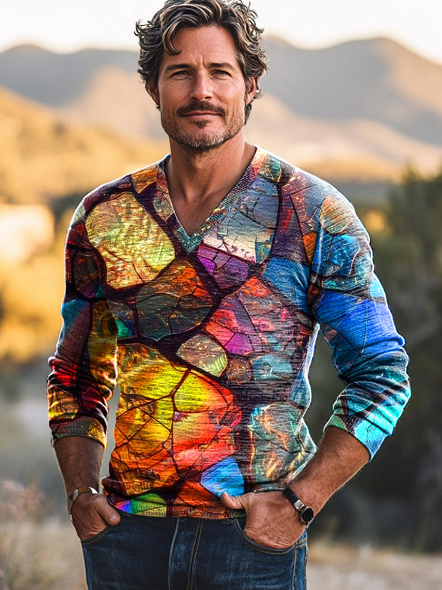 Gentleman Vintage Colorful Crystal Stone Art Print V-Neck Knit Long Sleeve Sweater