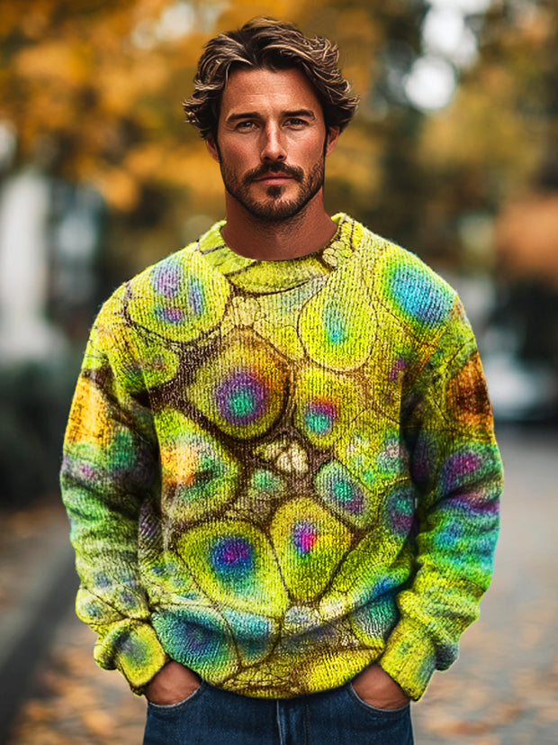 Gentleman Vintage Abstract Cell Art Print Knit Crew Neck Pullover