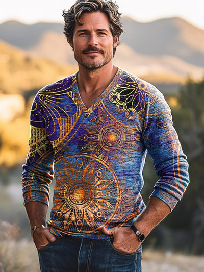 Gentleman Vintage Gold Mandala Art Print V-Neck Knit Long Sleeve Sweater