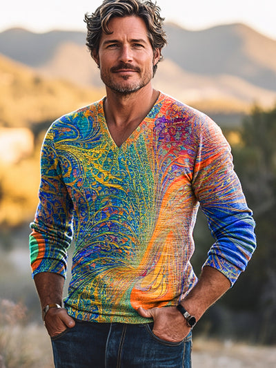 Gentleman Vintage Multicolor Textured Art Print V-Neck Knit Long Sleeve Sweater