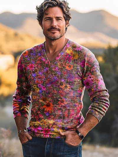 Gentleman Vintage Abstract Colorful Floral Art Print V-Neck Knit Long Sleeve Sweater