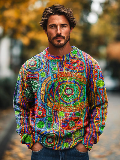 Gentleman Vintage Multicolor Abstract Art Print Knit Crew Neck Pullover Shirt