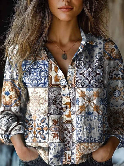 Women's vintage geometric ethnic print long-sleeved shirt