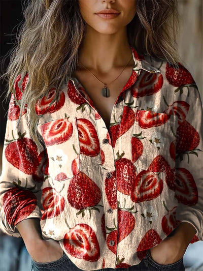 Cute strawberry fashion print long sleeve shirt for women