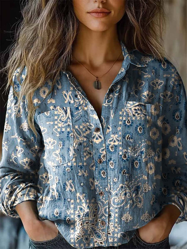 Women's vintage floral fashion print long sleeve shirt