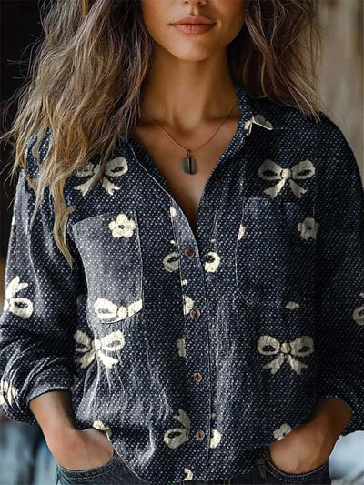 Women's cute bow denim fashion print long sleeve shirt