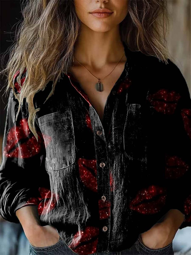 Women's fiery red lips fashion print long sleeve shirt