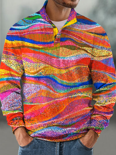 Gentleman Vintage Rainbow Color Wave Art Print Corduroy Stand Up Sweatshirt