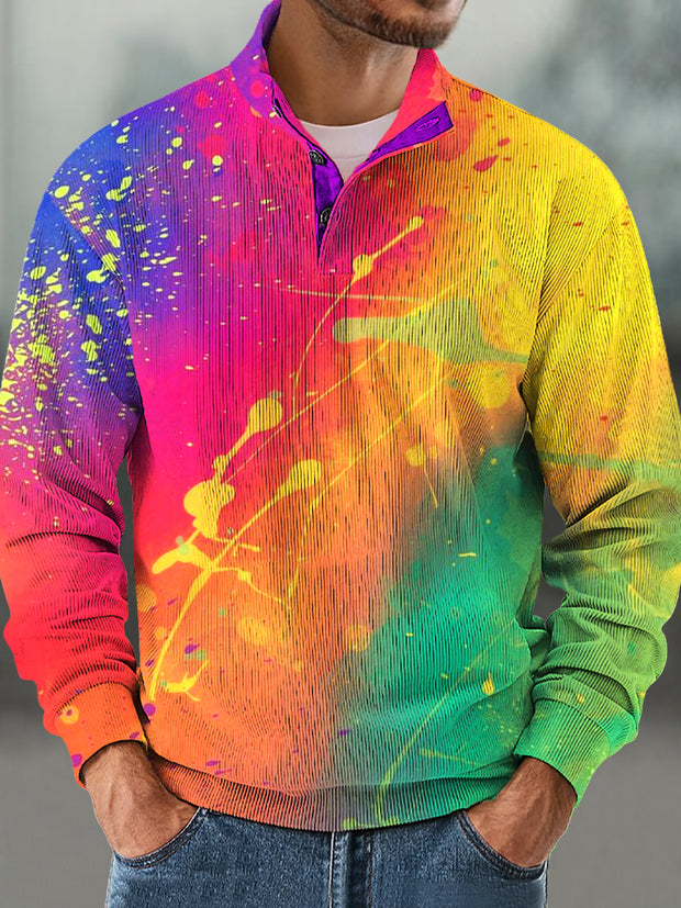 Gentleman Vintage Rainbow Gradient Printed Corduroy Stand-Up Sweatshirt