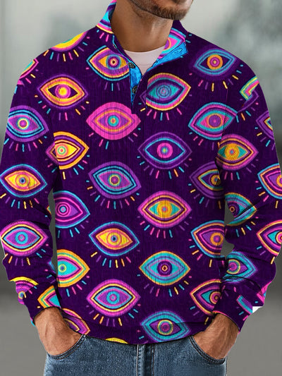 Gentleman Vintage Halloween Colorful Eye Print Corduroy Long Sleeve Shirt