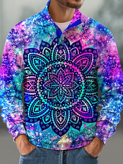 Gentleman Vintage Neon Mandala Print Corduroy Stand-Up Sweatshirt