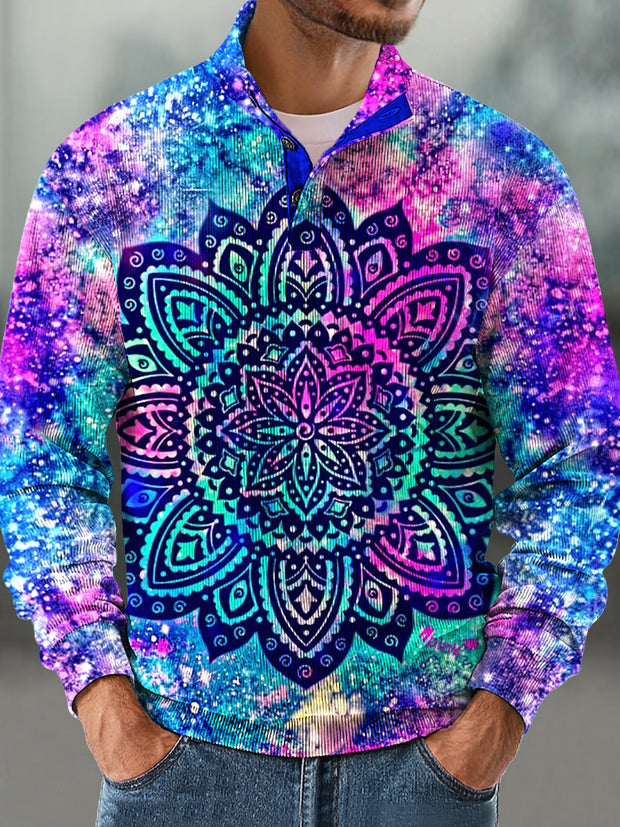 Gentleman Vintage Neon Mandala Print Corduroy Stand-Up Sweatshirt