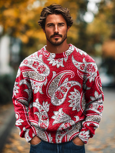 Gentleman Vintage Red Paisley Floral Art Print Knit Crew Neck Pullover Shirt