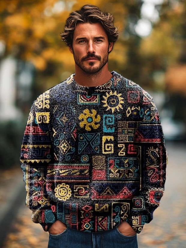 Men's abstract vintage art print crewneck base sweater