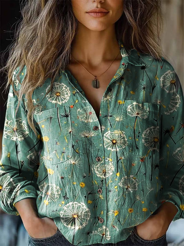 Women's Vintage Romantic Dandelion Art Print Cotton Linen Long Sleeve Lapel Shirt