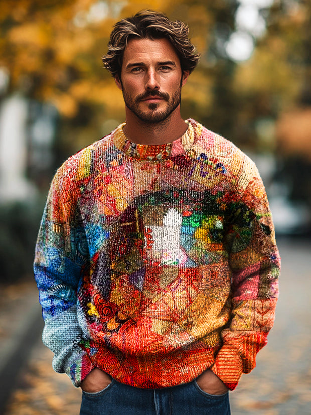 Gentleman's Vintage Abstract Portrait Eye Art Print Knit Crew Neck Pullover