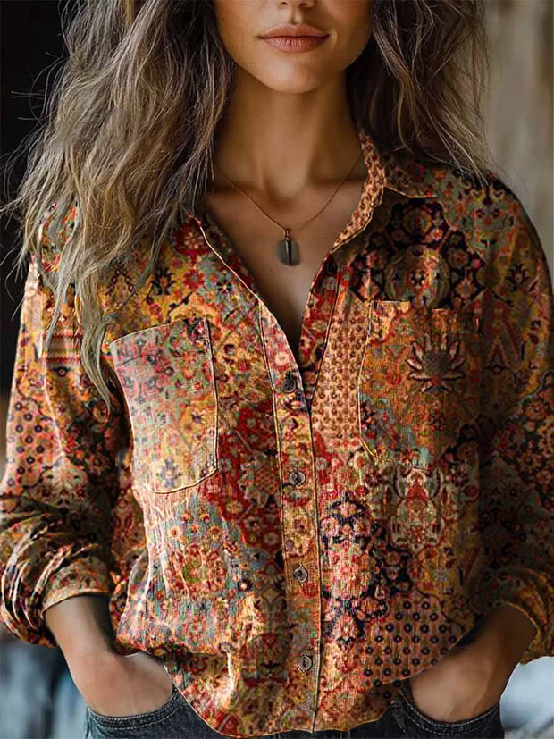 Women's temperament vintage ethnic pattern print long-sleeved shirt