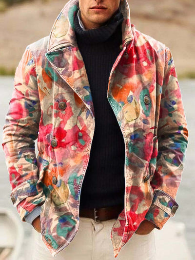 Men's fashion floral smudge art print double-breasted jacket