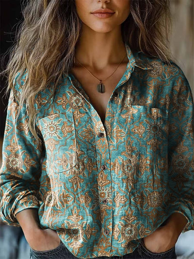 Women's Retro Ethnic Art Printed Cotton Linen Long Sleeve Lapel Shirt