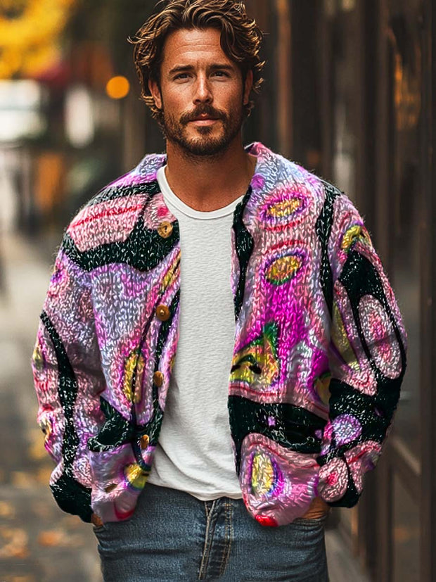 Men's colorful abstract irregular shape art print sweater cardigan