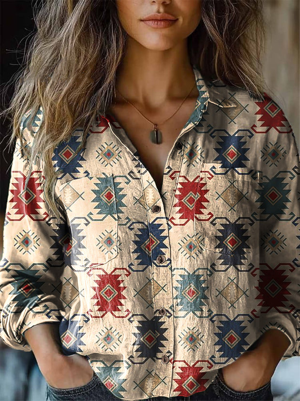 Women's Retro Ethnic Geometric Art Print Cotton Linen Long Sleeve Lapel Shirt