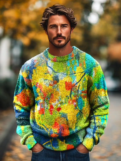 Gentleman's Vintage Multicolor Swoosh Art Print Knit Crew Neck Pullover Sweatshirt