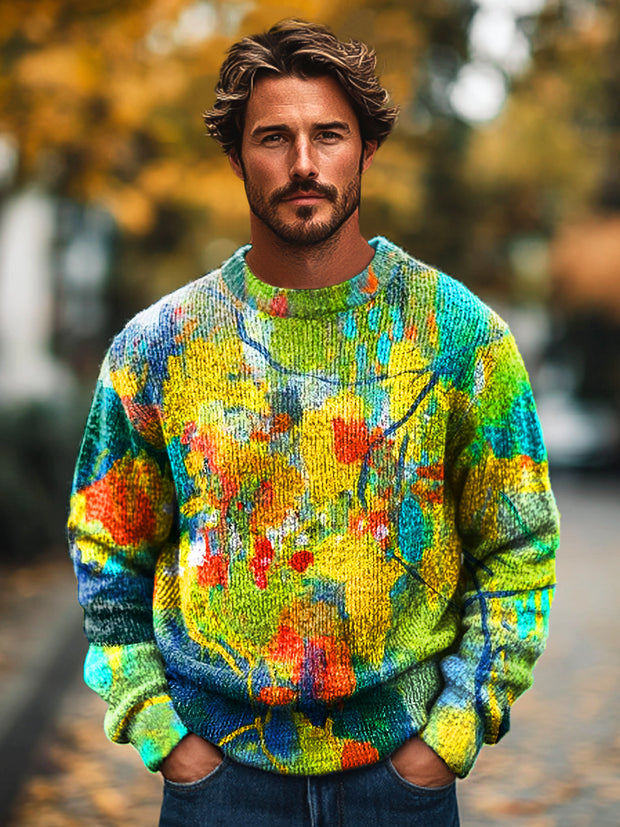 Gentleman's Vintage Multicolor Swoosh Art Print Knit Crew Neck Pullover Sweatshirt