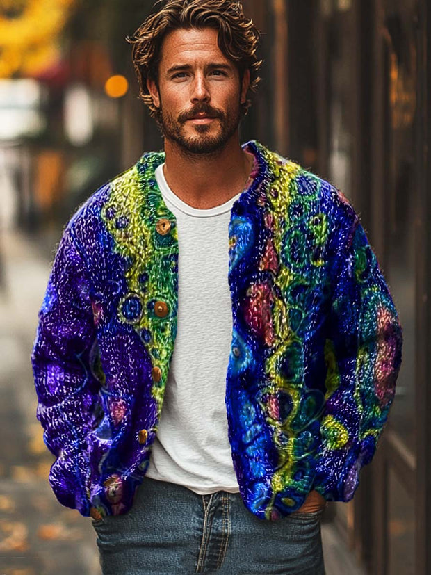 Men's abstract texture art print sweater cardigan