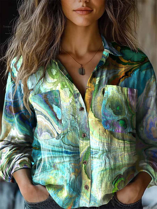 Women's abstract fluid art print long sleeve shirt