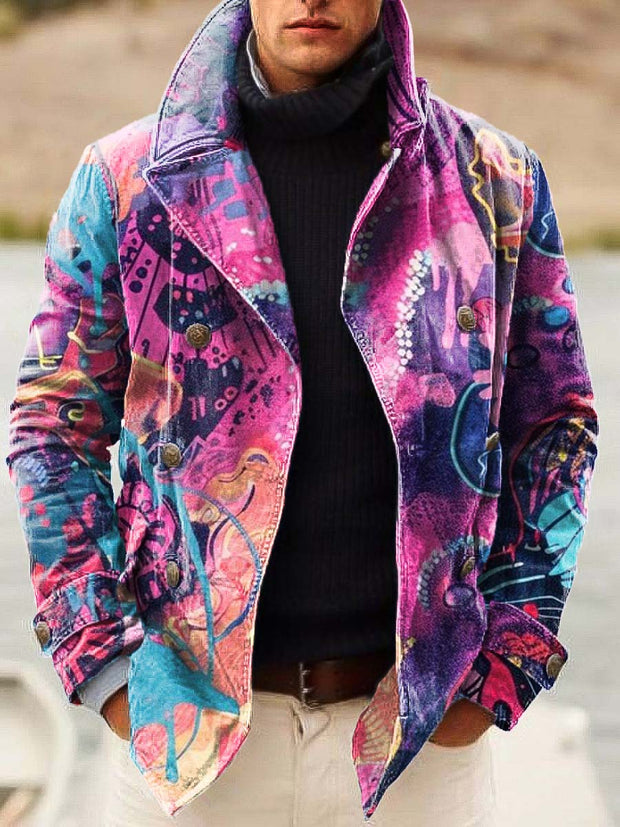 Men's abstract personality graffiti art print double-breasted jacket