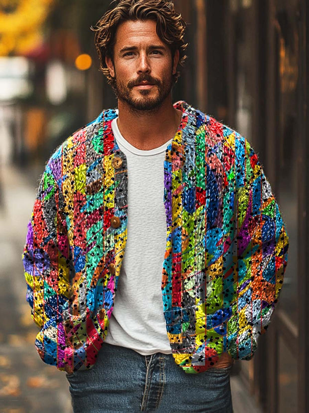 Men's colorful abstract art print sweater cardigan