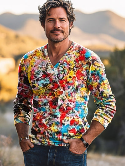 Men's Vintage Abstract Colorful Ink Art Print Knit Long Sleeve V-Neck Pullover Shirt