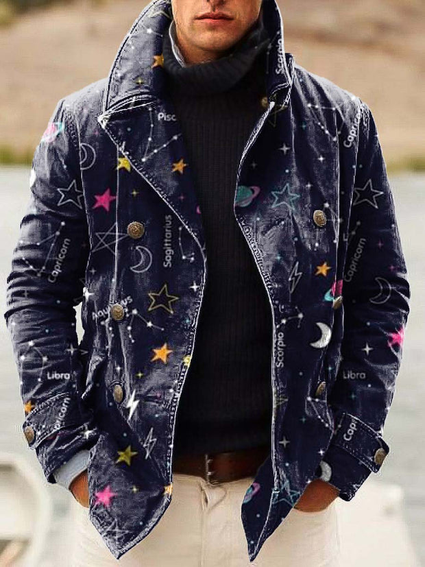 Men's abstract funny galaxy print double-breasted jacket