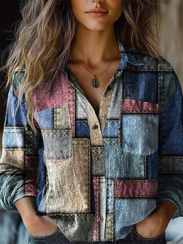 Women's fashion denim patchwork printed long-sleeved shirt