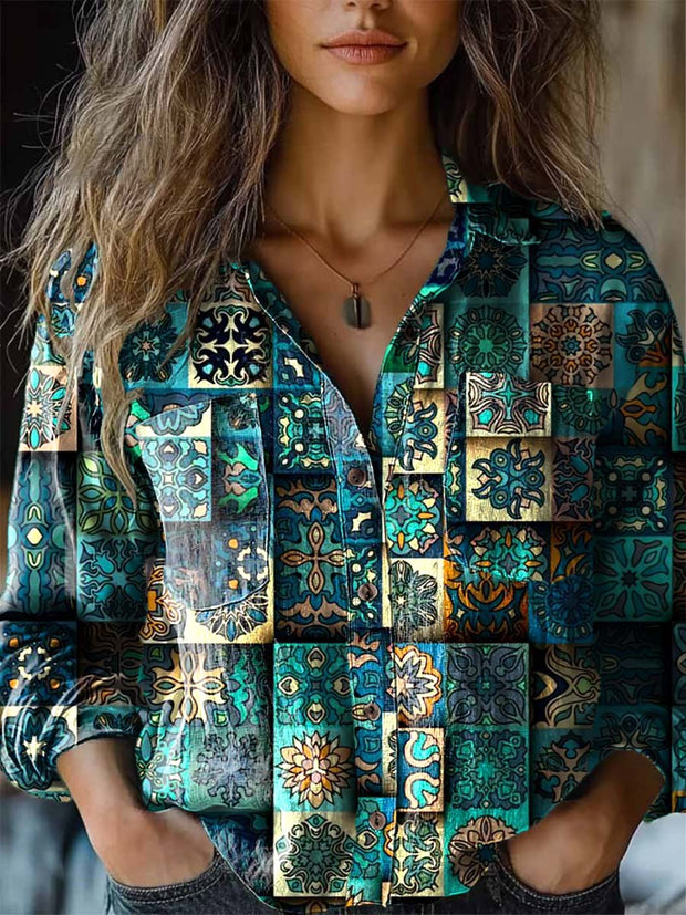 Women's vintage geometric ethnic print long-sleeved shirt