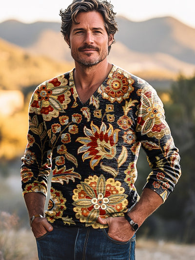 Men's Vintage Ethnic Floral Art Print Knit Long Sleeve V-Neck Pullover