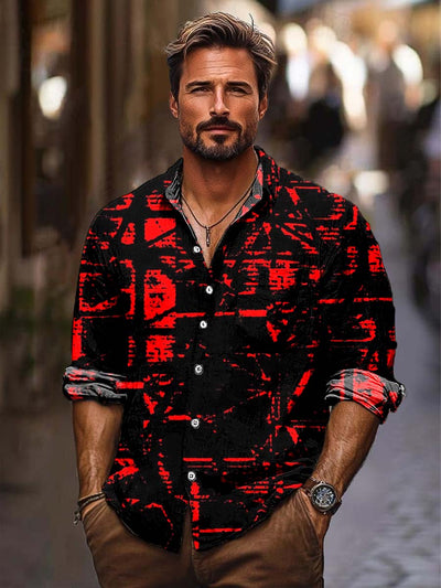 Men's red abstract art print long sleeve lapel shirt