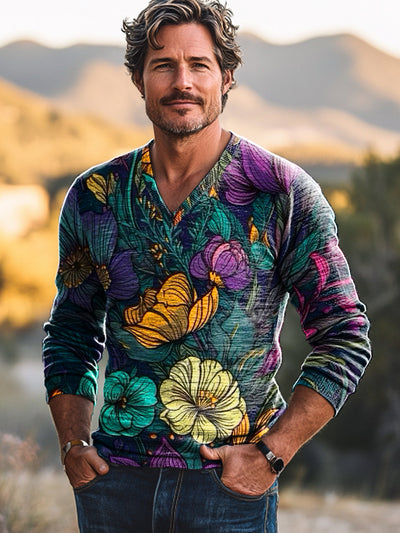 Men's Vintage Multicolor Floral Art Print Knit Long Sleeve V-Neck Pullover Shirt