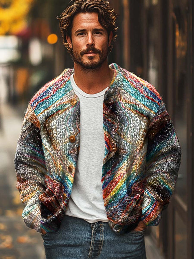 Gentleman's fashion rainbow line art print sweater cardigan