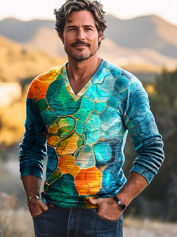 Men's Vintage Multicolor Water Wave Art Print Knit Long Sleeve V-Neck Pullover Sweatshirt