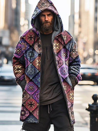 Gentleman Casual Geometric Mandala Art Print Plush Thick Hooded Zipper Jacket