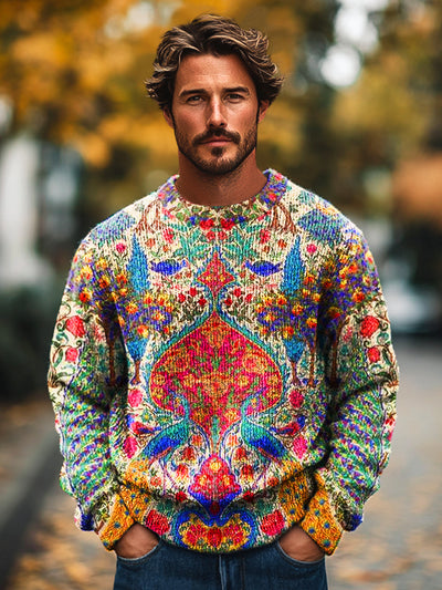 Gentleman Vintage Bird & Floral Art Print Knit Crew Neck Pullover Shirt