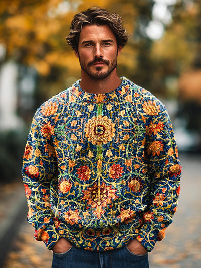 Gentleman Vintage Ethnic Geometric Floral Art Print Knit Crew Neck Pullover