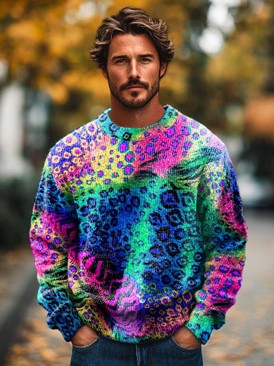 Men's handsome colorful leopard print crewneck base sweater